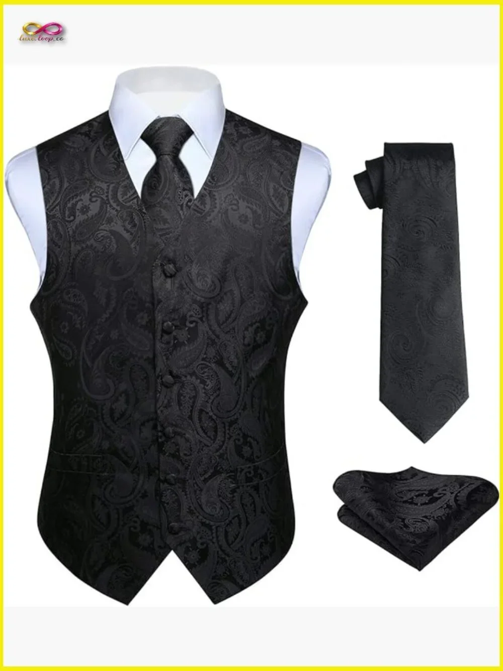 Men's Formal Vest Set Paisley Jacquard Tie Pocket Square Wedding Party